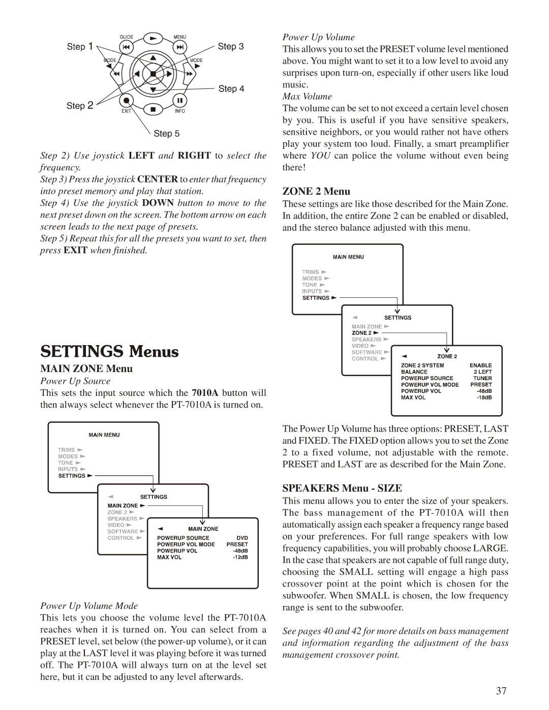 Sherbourn Technologies PT-7010A owner manual Settings Menus 