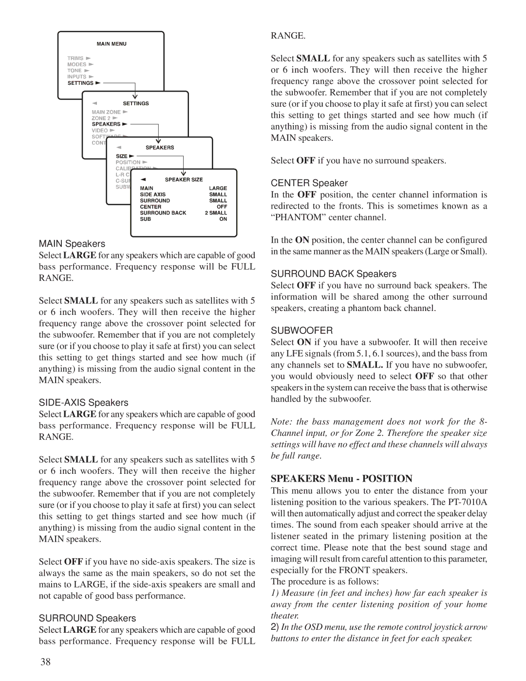 Sherbourn Technologies PT-7010A owner manual Speakers Menu Position 