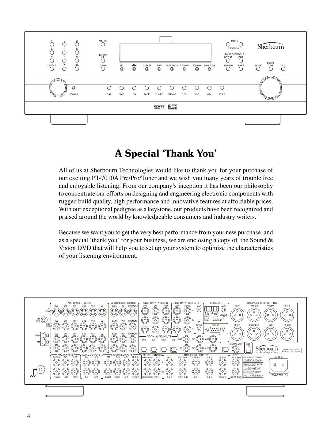 Sherbourn Technologies PT-7010A owner manual Special ‘Thank You’ 