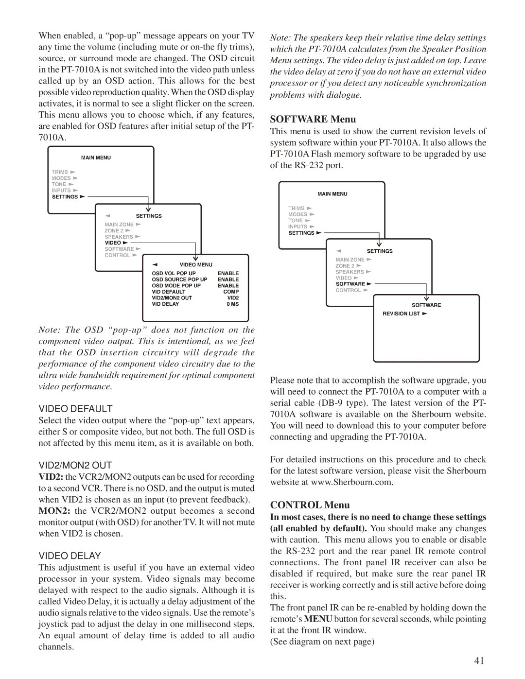 Sherbourn Technologies PT-7010A owner manual Software Menu 