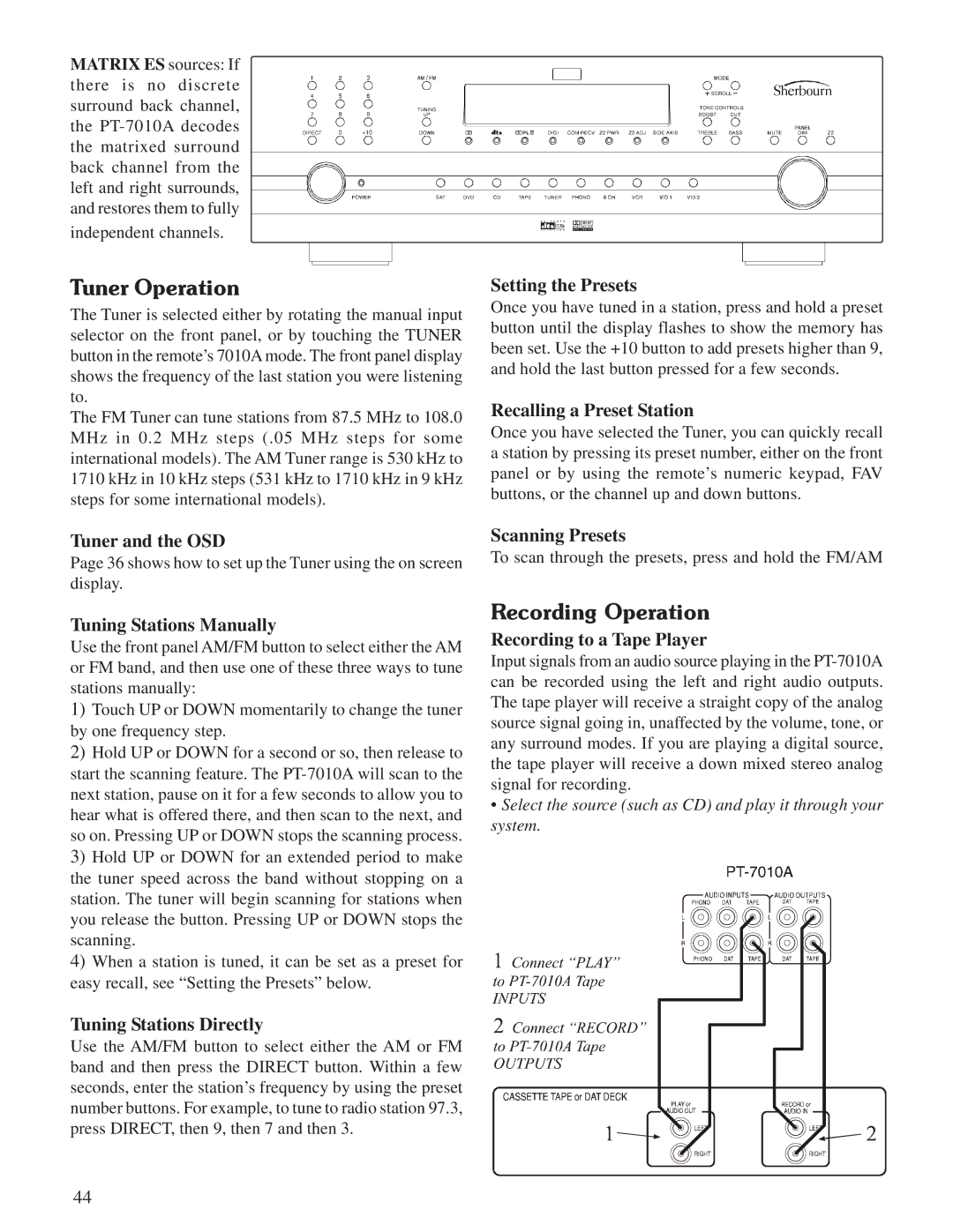 Sherbourn Technologies PT-7010A owner manual Tuner Operation, Recording Operation 