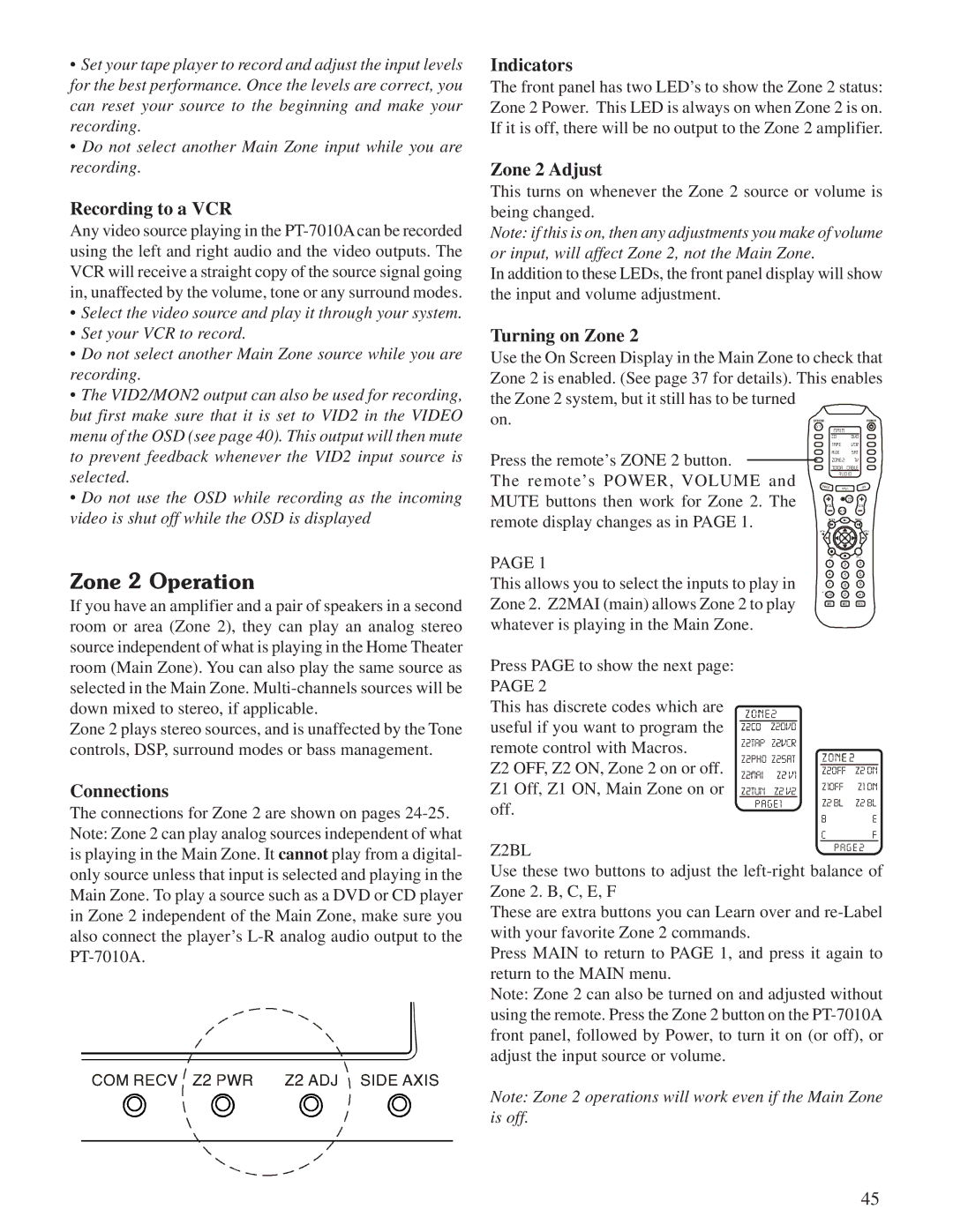 Sherbourn Technologies PT-7010A owner manual Zone 2 Operation, Recording to a VCR, Connections, Indicators, Zone 2 Adjust 