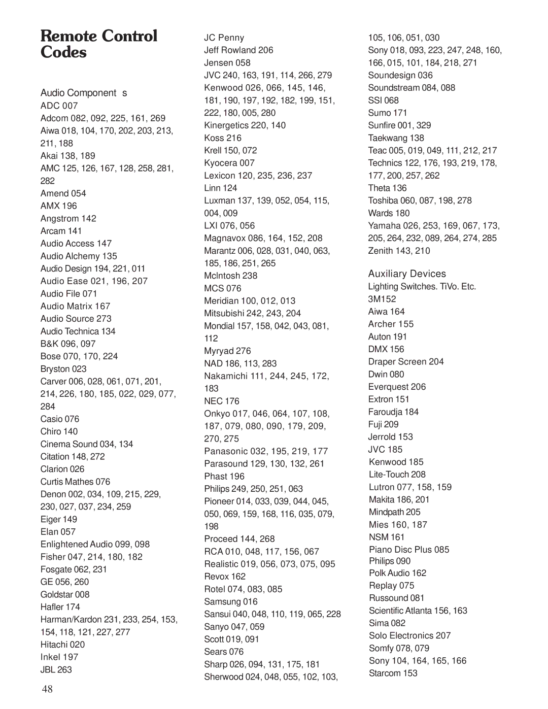 Sherbourn Technologies PT-7010A owner manual Remote Control Codes, Audio Components 