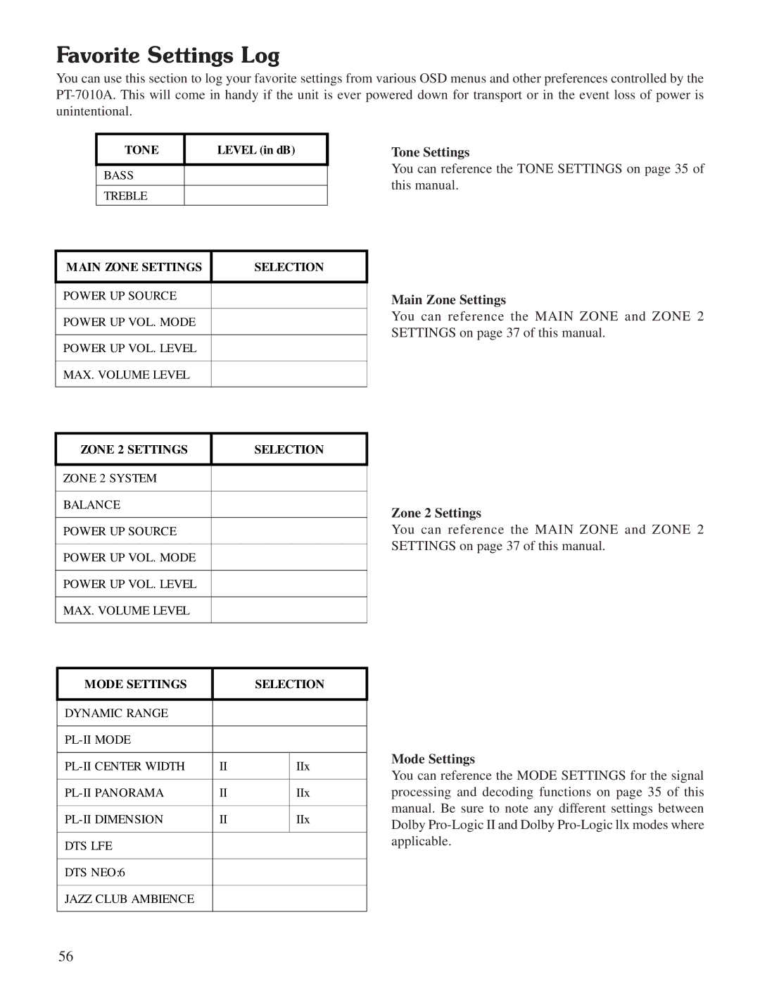 Sherbourn Technologies PT-7010A Favorite Settings Log, Tone Settings, Main Zone Settings, Zone 2 Settings, Mode Settings 