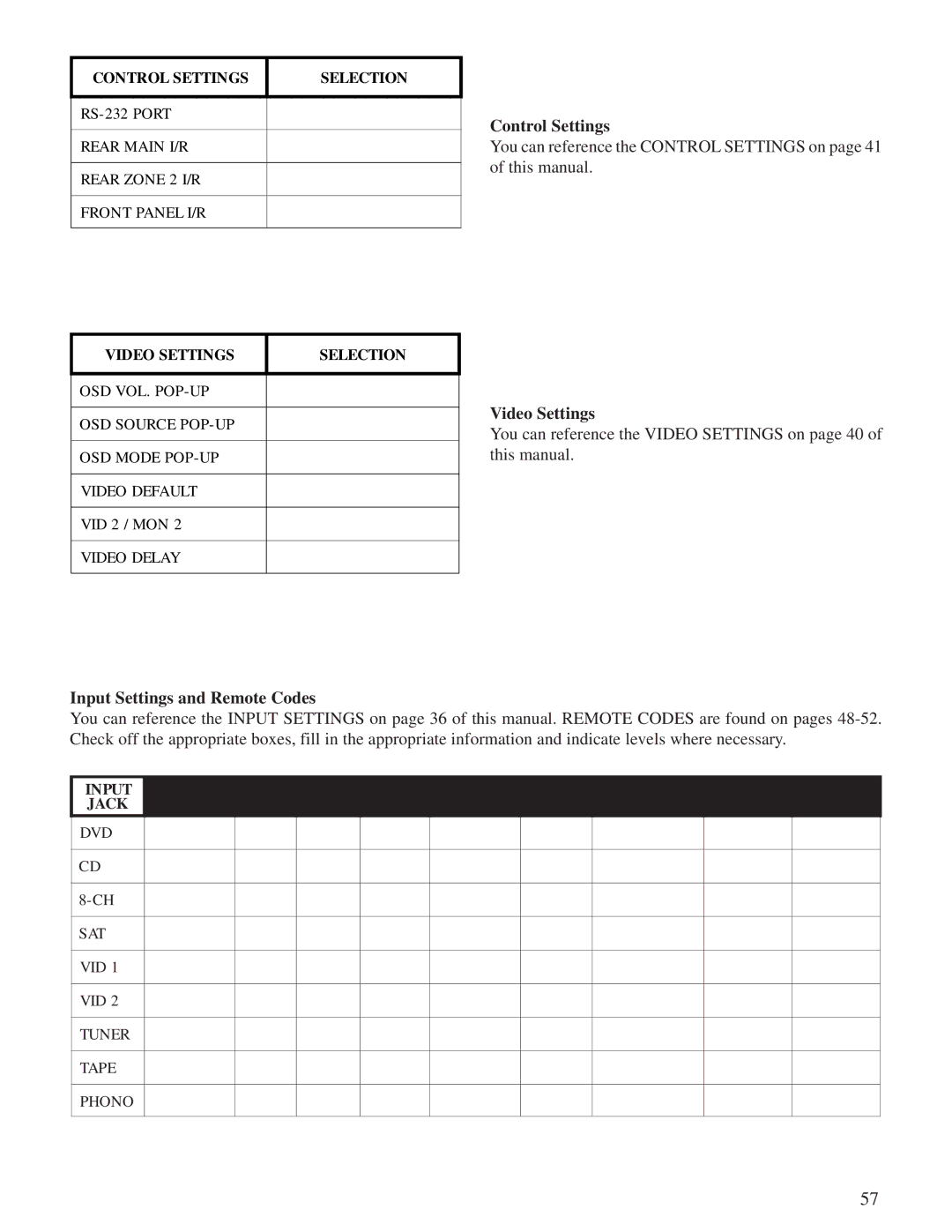 Sherbourn Technologies PT-7010A owner manual Control Settings, Video Settings, Input Settings and Remote Codes 