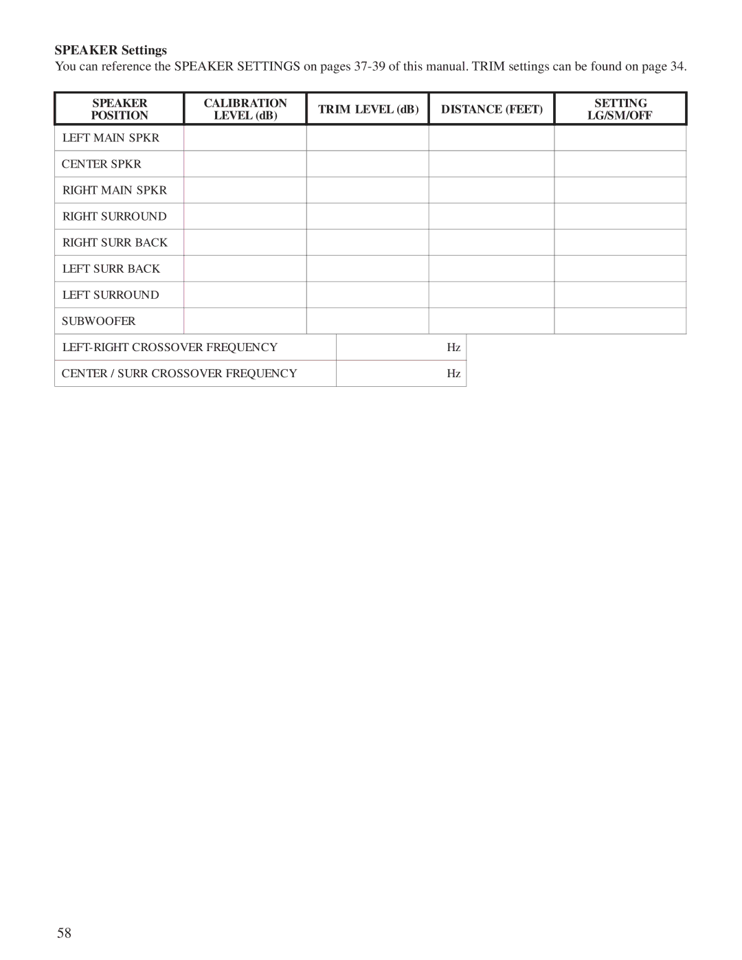 Sherbourn Technologies PT-7010A owner manual Speaker Settings, Distance Feet Setting LG/SM/OFF 