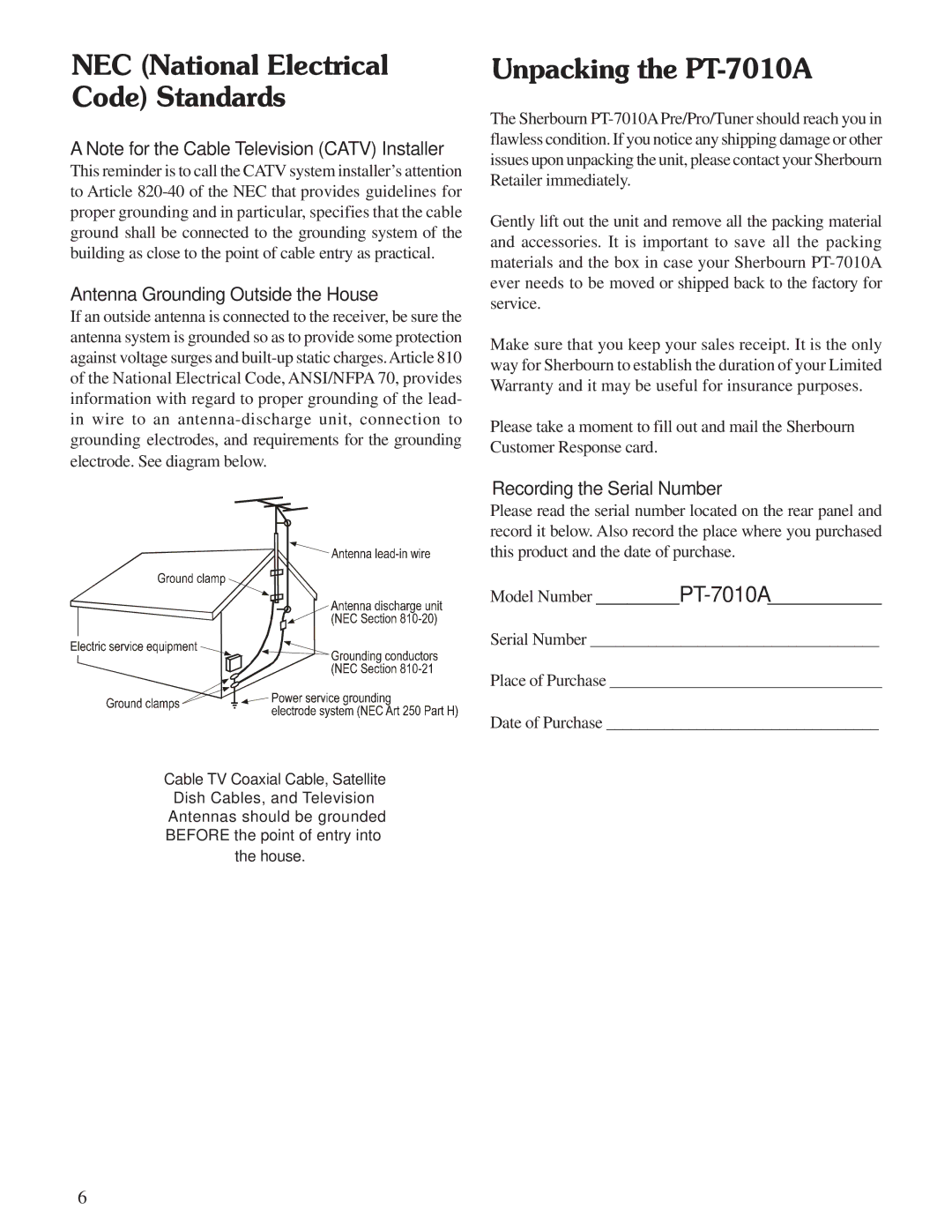 Sherbourn Technologies NEC National Electrical Code Standards, Unpacking the PT-7010A, Recording the Serial Number 