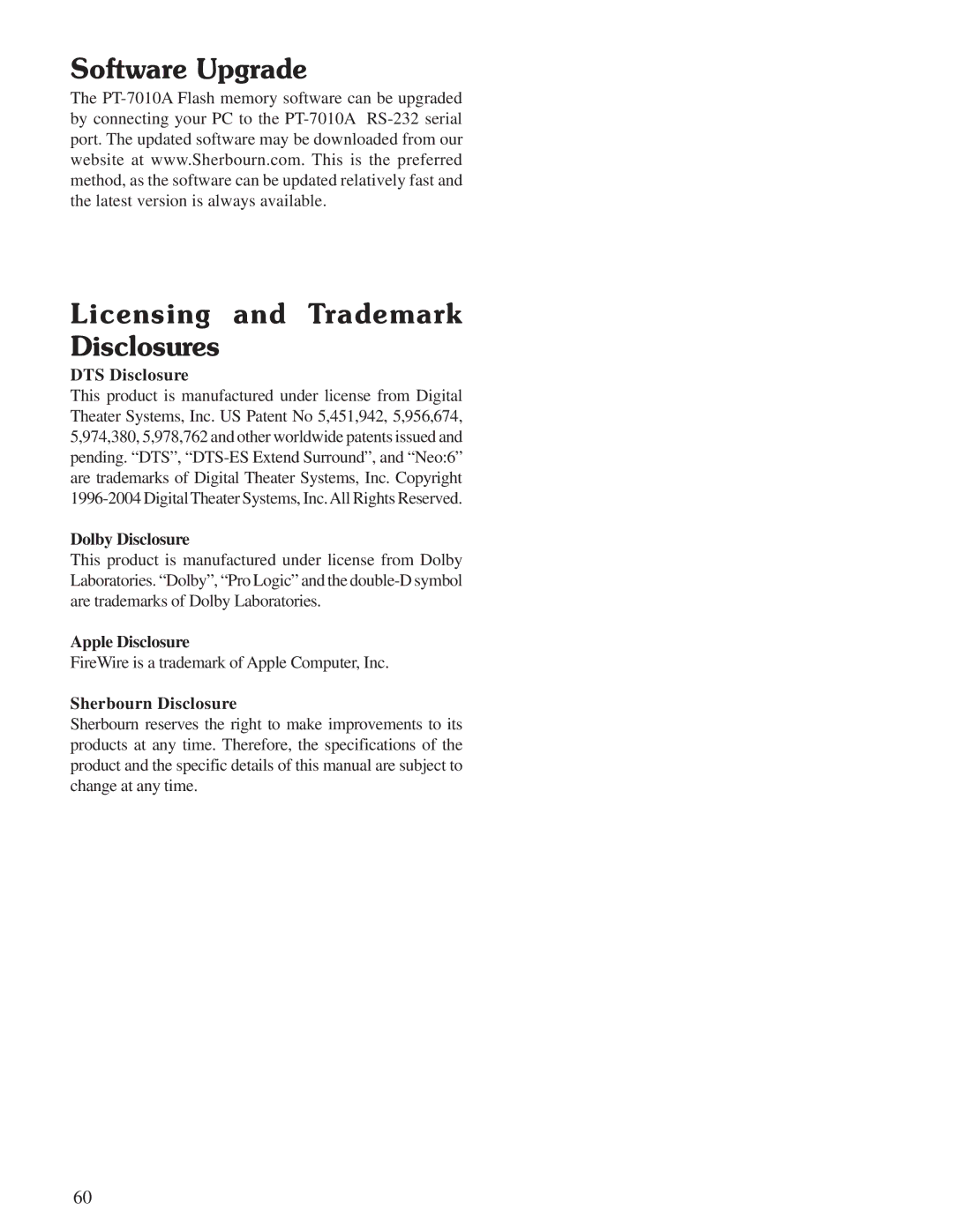 Sherbourn Technologies PT-7010A Software Upgrade Licensing and Trademark Disclosures, DTS Disclosure, Dolby Disclosure 