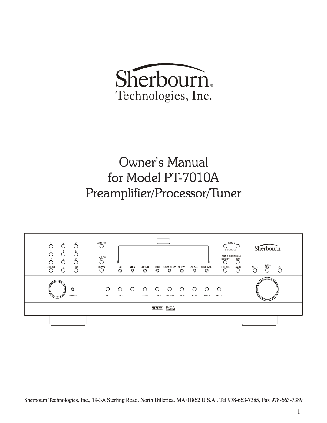 Sherbourn Technologies PT-7010A owner manual Preamplifier/Processor/Tuner 