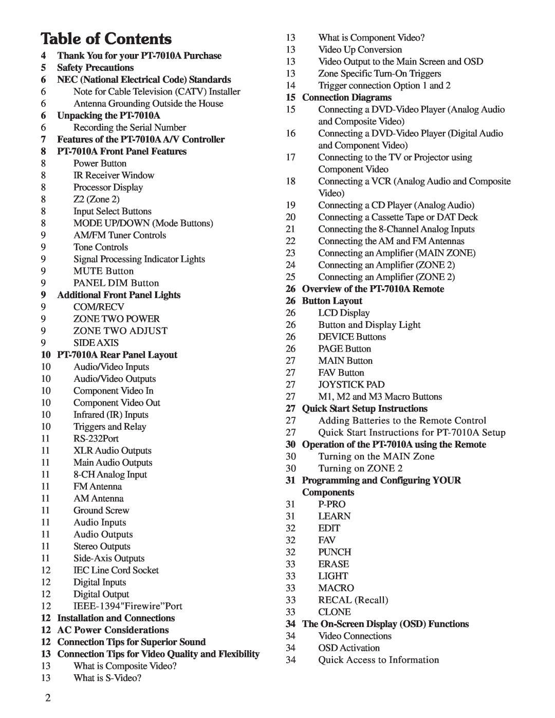Sherbourn Technologies PT-7010A owner manual Table of Contents 