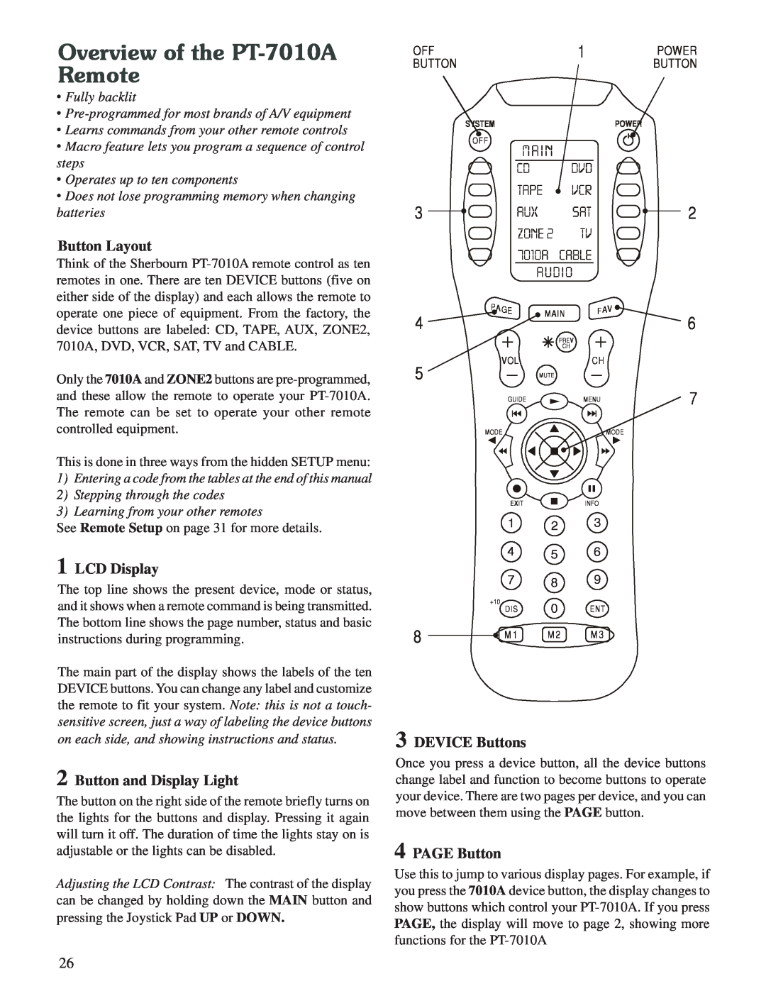 Sherbourn Technologies owner manual Overview of the PT-7010ARemote, Button Layout, LCD Display, Button and Display Light 