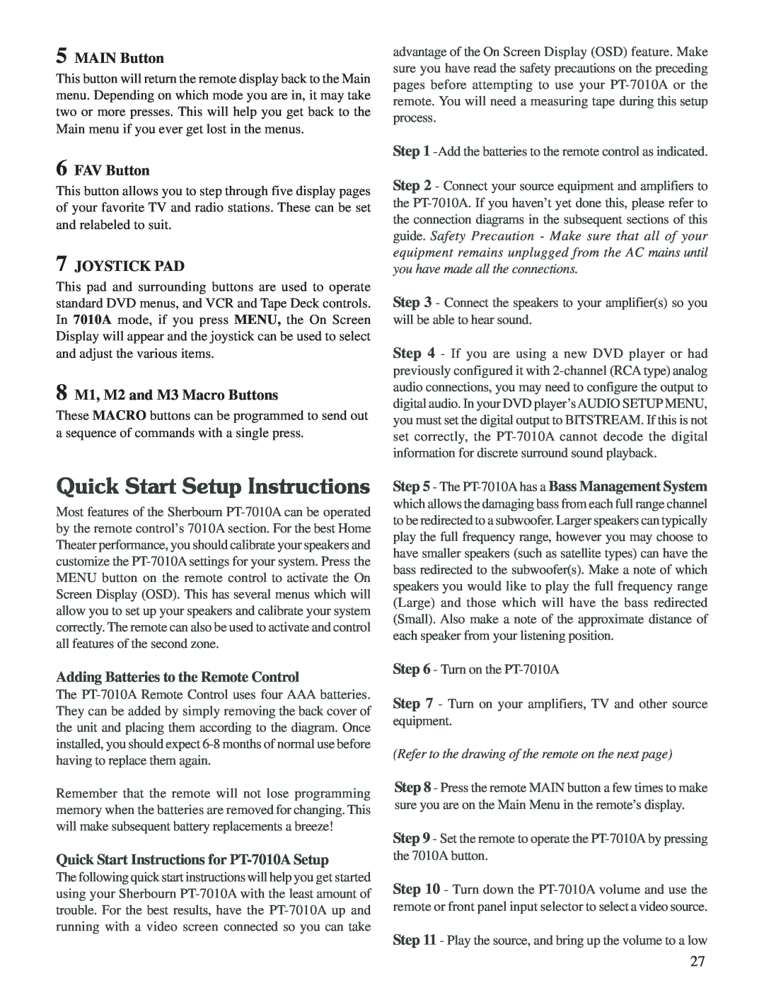 Sherbourn Technologies PT-7010A owner manual Quick Start Setup Instructions, MAIN Button, FAV Button, Joystick Pad 
