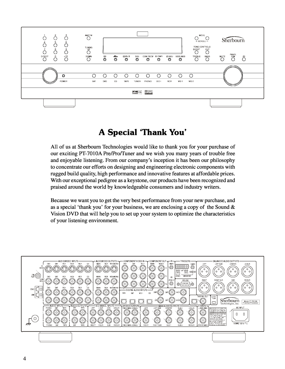 Sherbourn Technologies PT-7010A owner manual A Special ‘Thank You’ 