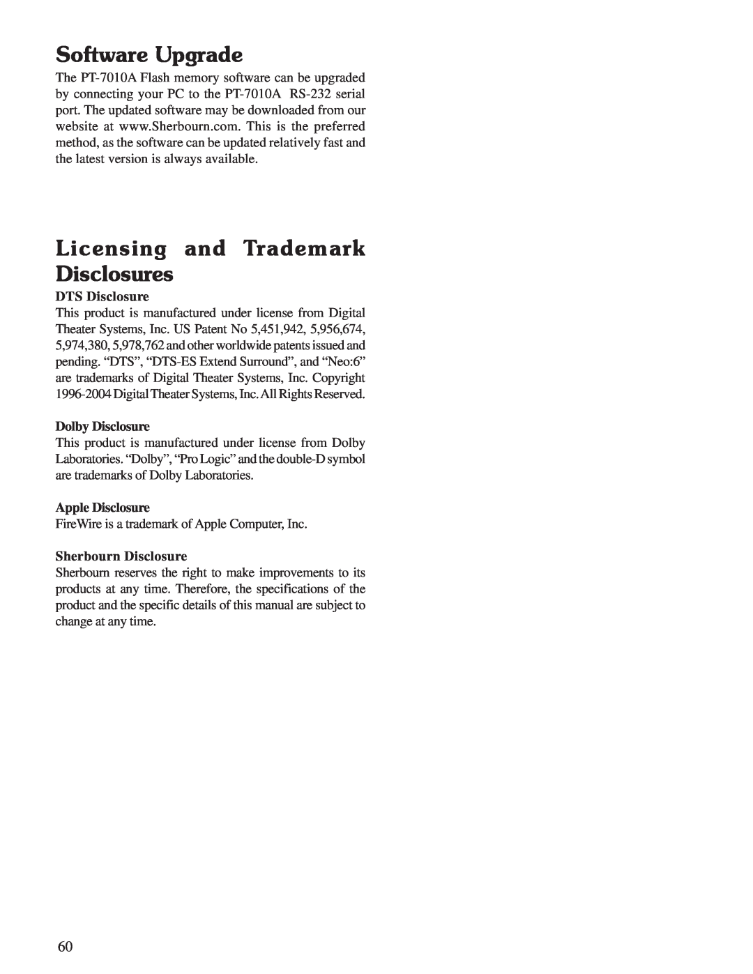 Sherbourn Technologies PT-7010A Software Upgrade, Licensing and Trademark Disclosures, DTS Disclosure, Dolby Disclosure 