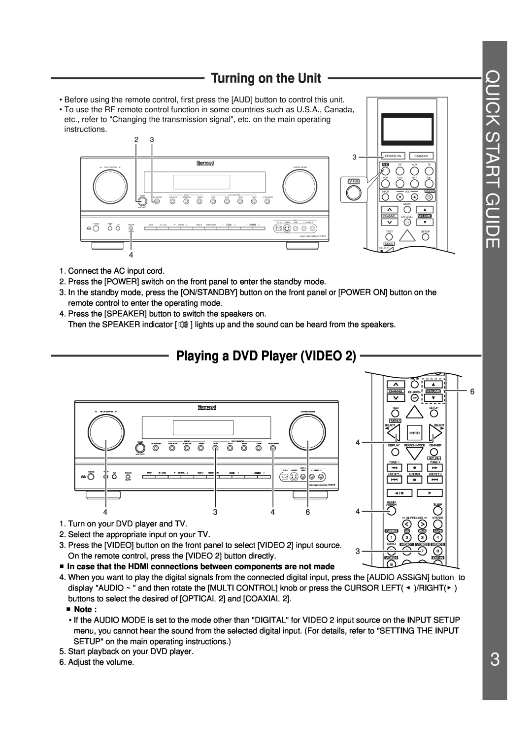 Sherwood 5227-00000-041-0S quick start Start Guide, Playing a DVD Player VIDEO, Turning on the Unit 