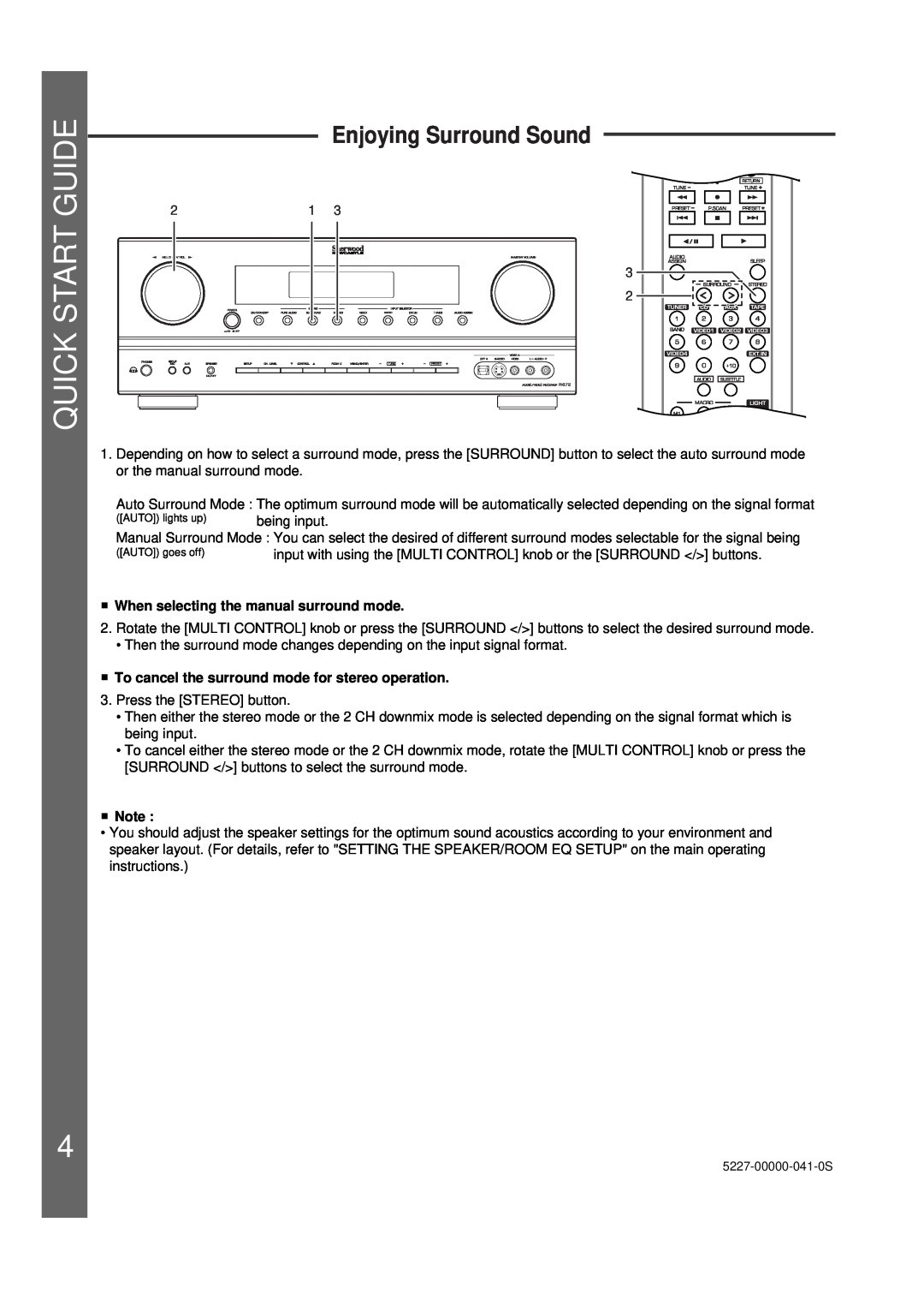 Sherwood 5227-00000-041-0S quick start Quick Start Guide, When selecting the manual surround mode, Enjoying Surround Sound 