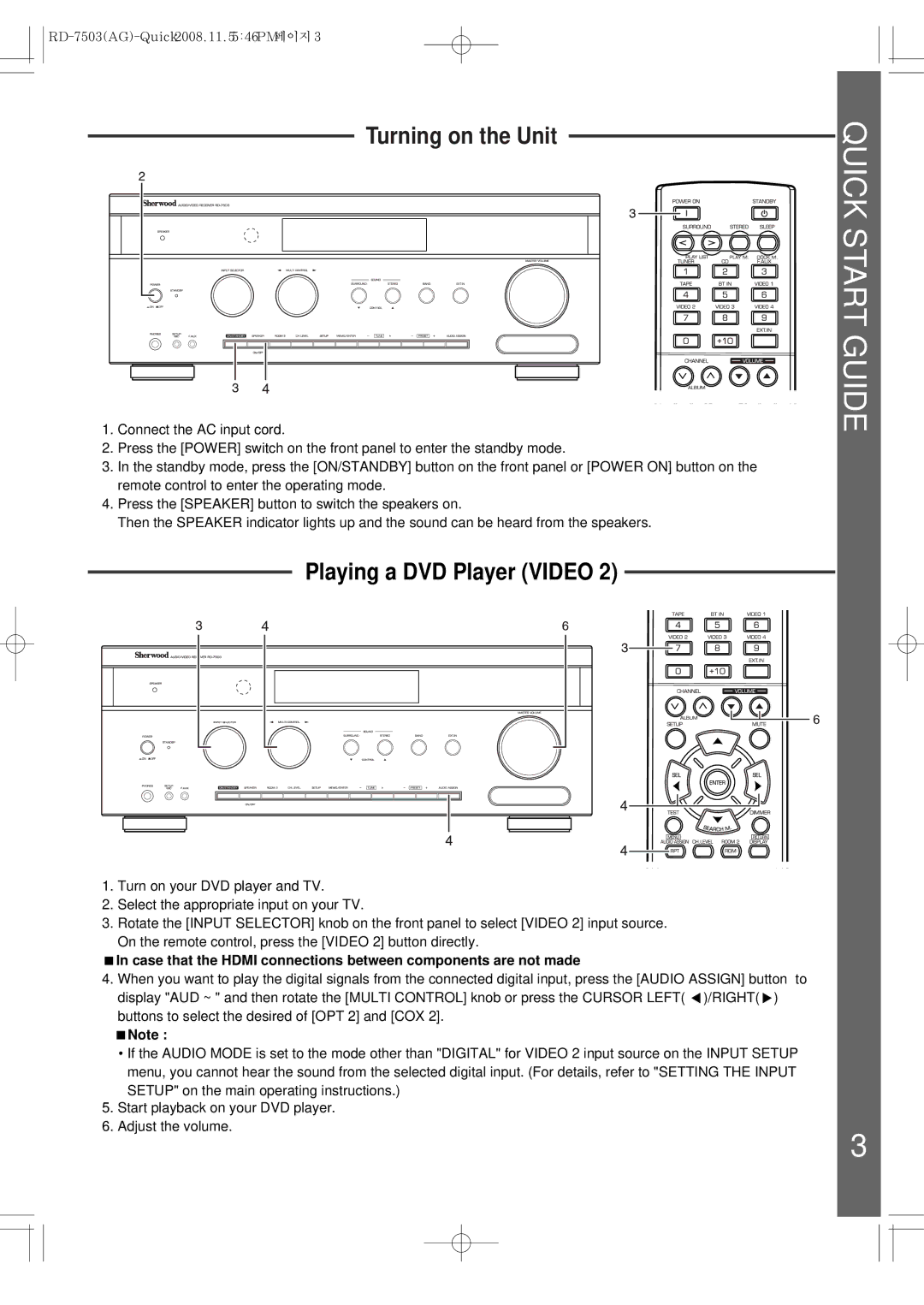 Sherwood 5227-00000-084-0S quick start Turning on the Unit, Playing a DVD Player Video 