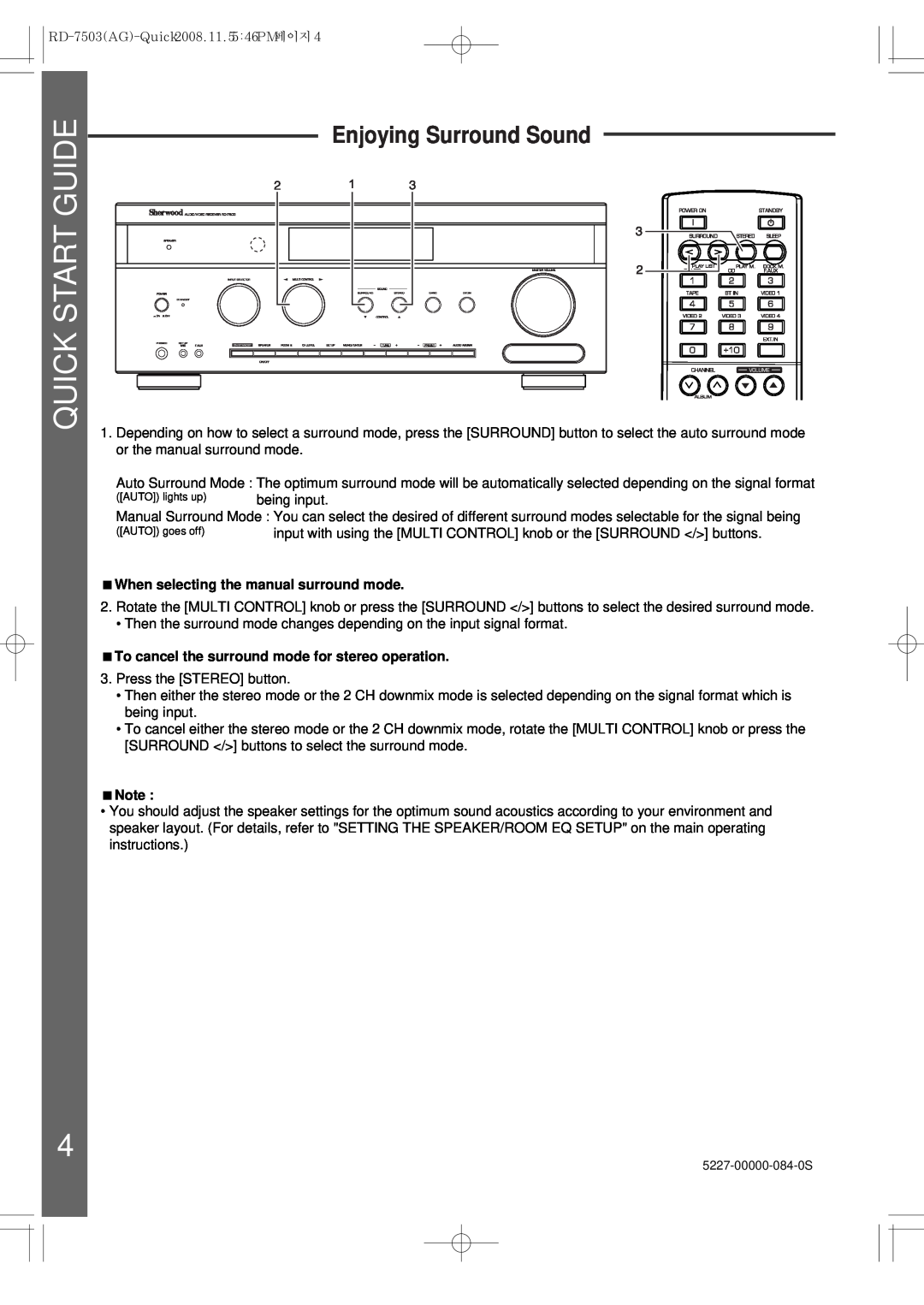 Sherwood 5227-00000-084-0S quick start Quick Start Guide, Enjoying Surround Sound, When selecting the manual surround mode 