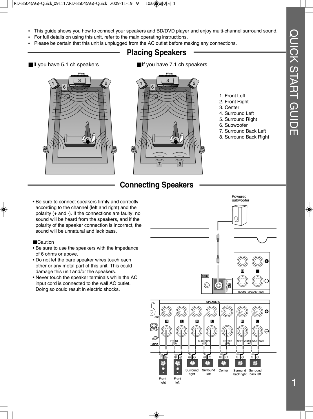 Sherwood 5227-00000-129-0S quick start Placing Speakers, Connecting Speakers 