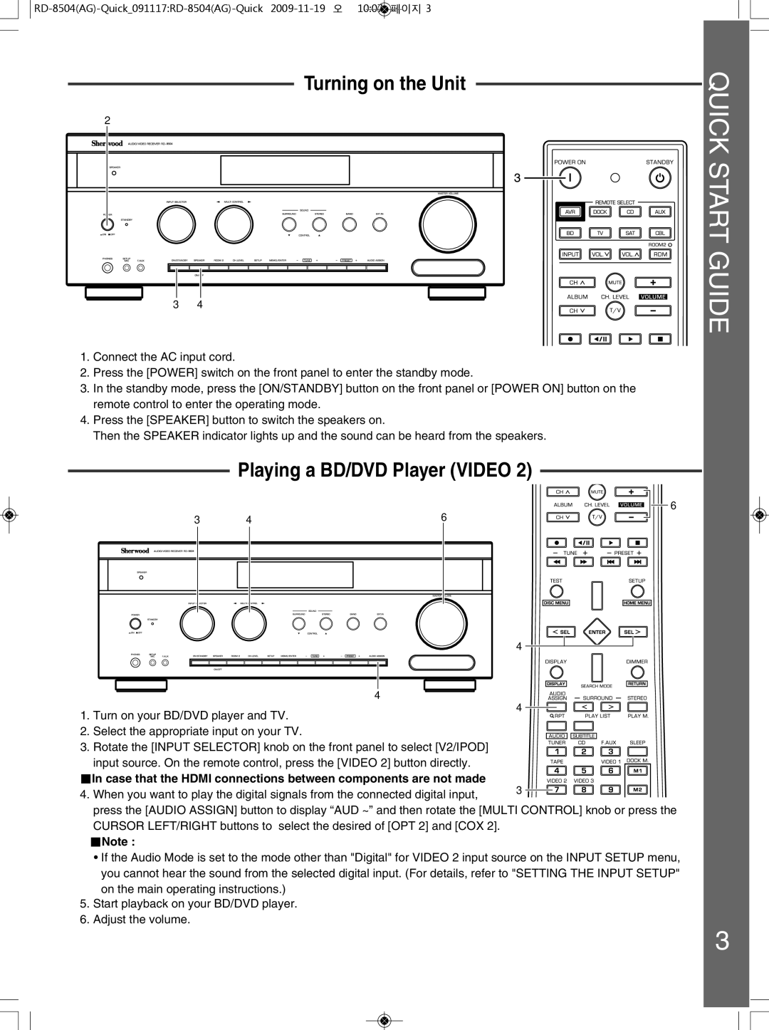 Sherwood 5227-00000-129-0S quick start Turning on the Unit, Playing a BD/DVD Player Video 