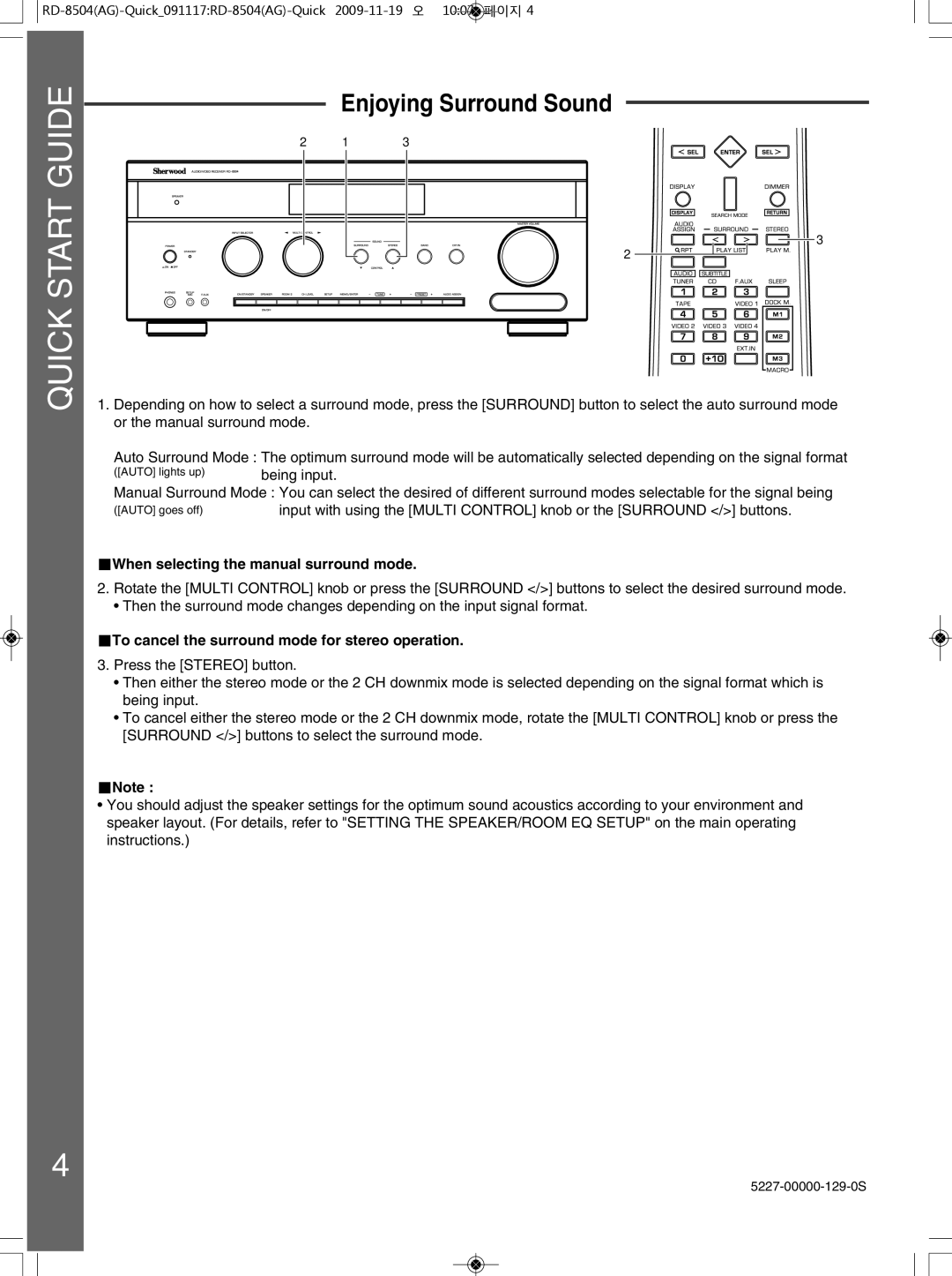 Sherwood 5227-00000-129-0S quick start Enjoying Surround Sound, When selecting the manual surround mode 