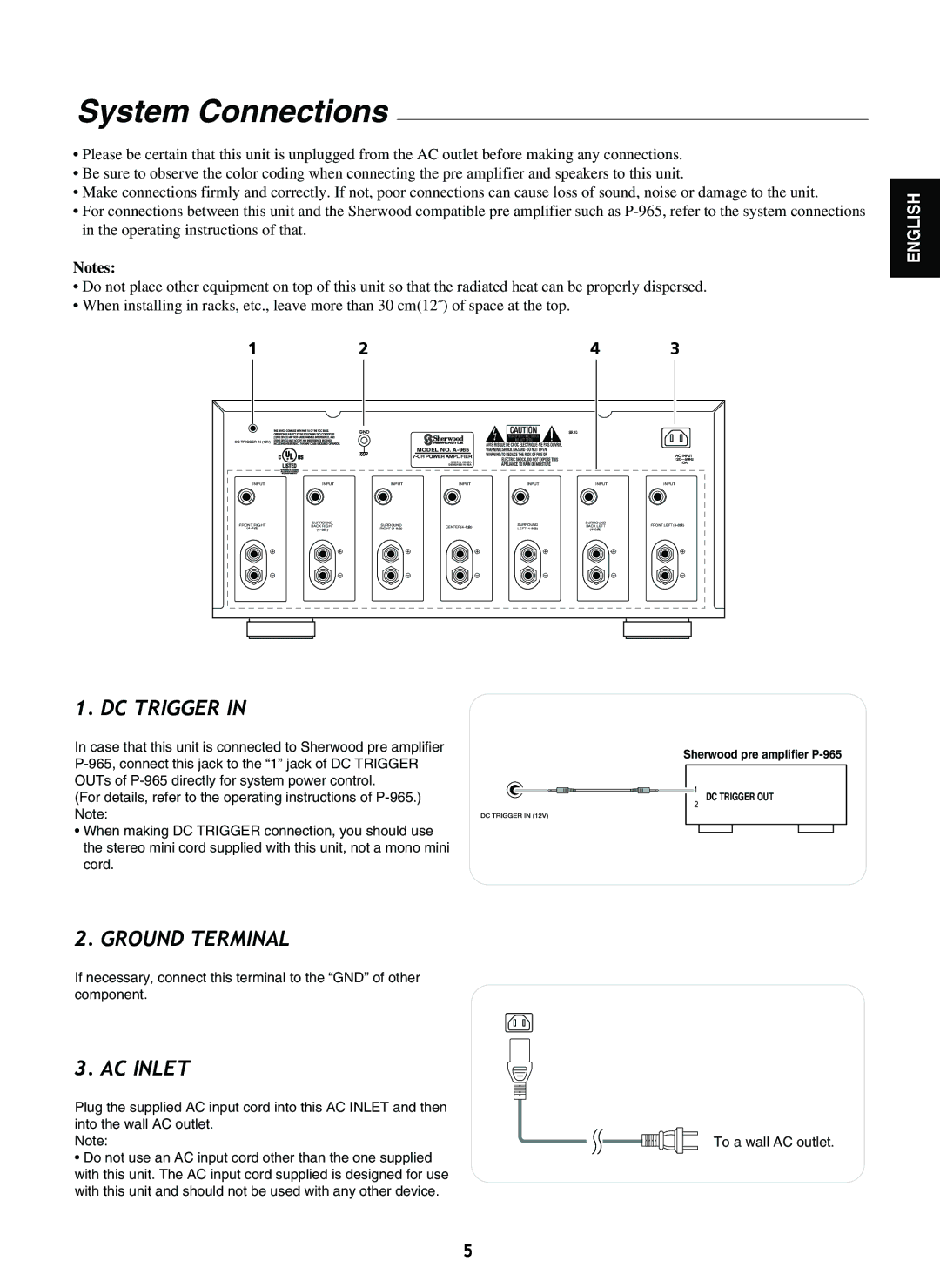 Sherwood manual System Connections, Model NO. A-965 