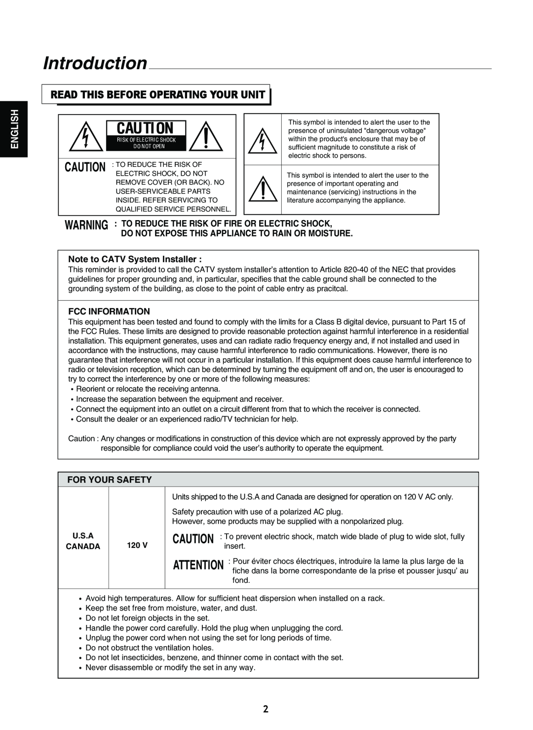Sherwood A-965 Introduction, Read This Before Operating Your Unit, English, Note to CATV System Installer, Fcc Information 