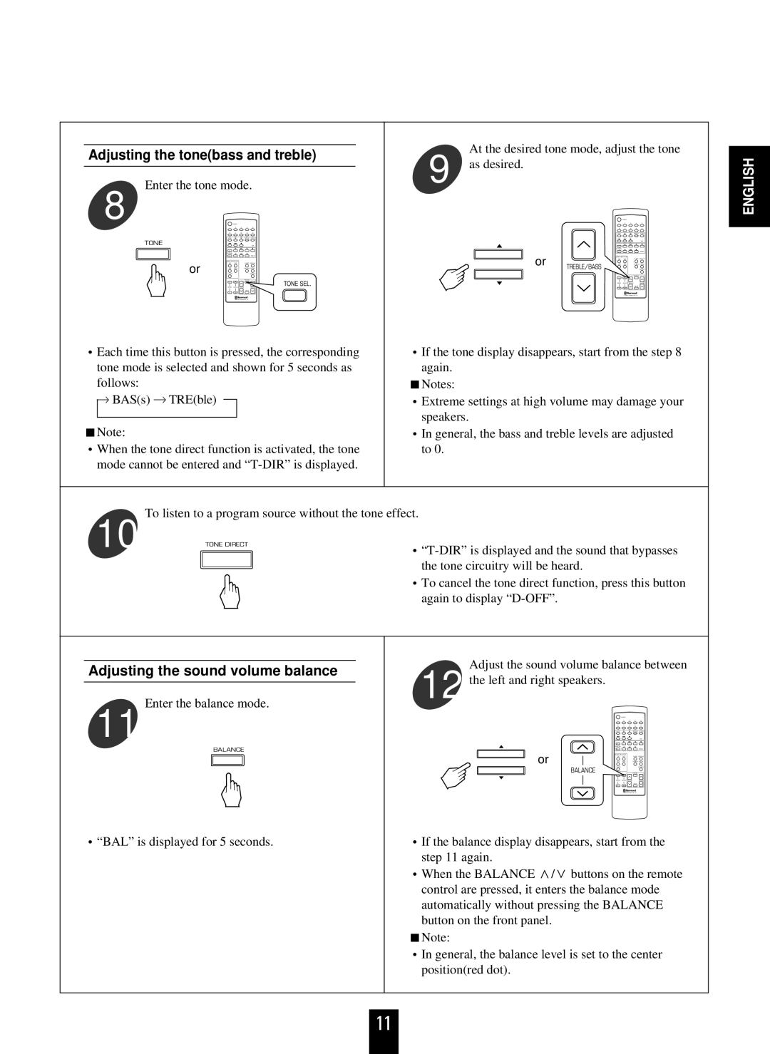 Sherwood AX-4103 operating instructions Adjusting the tonebass and treble, Adjusting the sound volume balance 