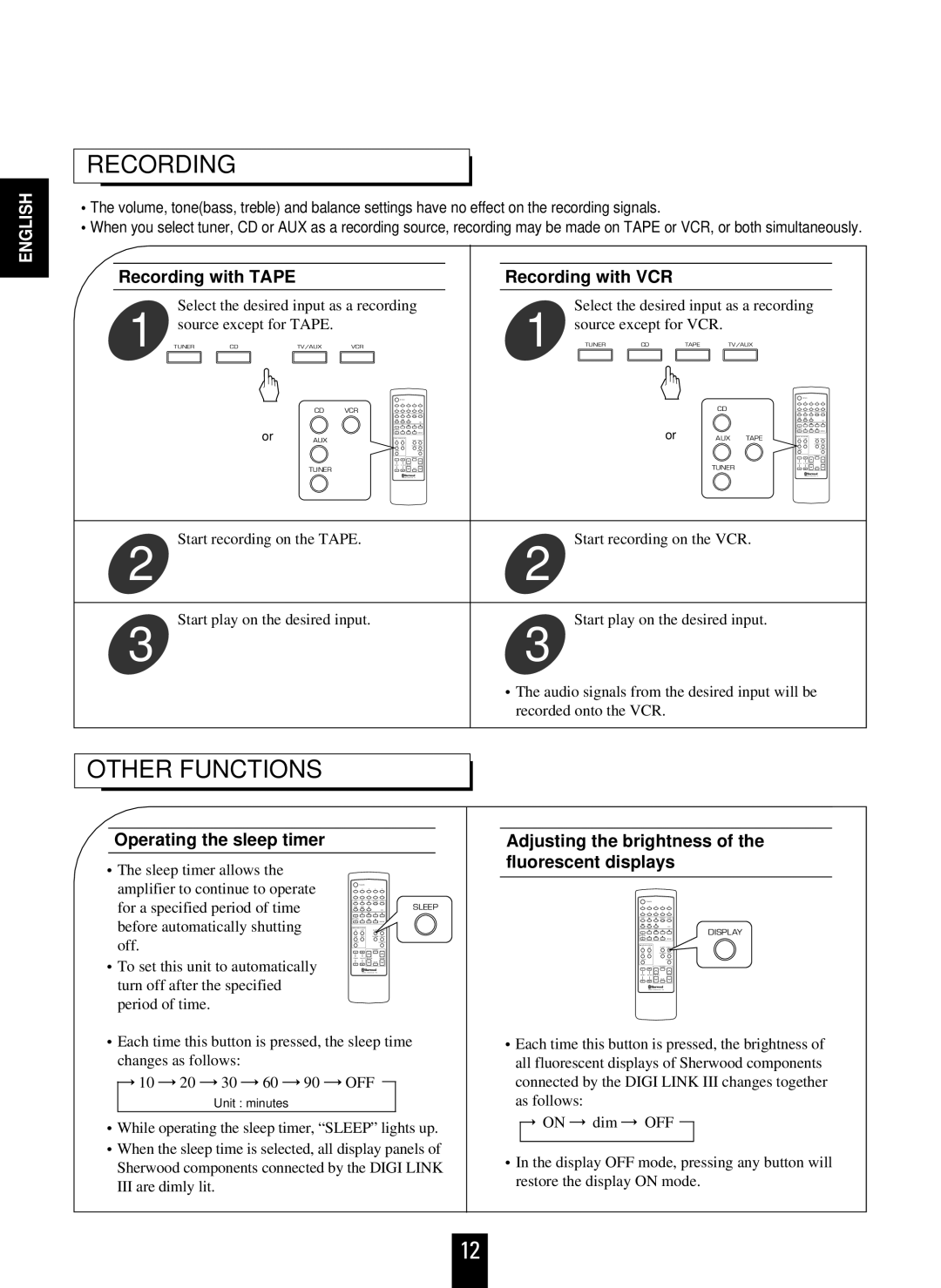 Sherwood AX-4103 Other Functions, Recording with Tape Recording with VCR, Operating the sleep timer 