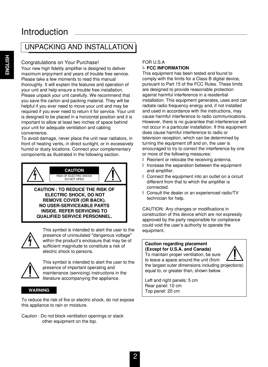 Sherwood AX-4103 operating instructions Introduction, Unpacking and Installation 