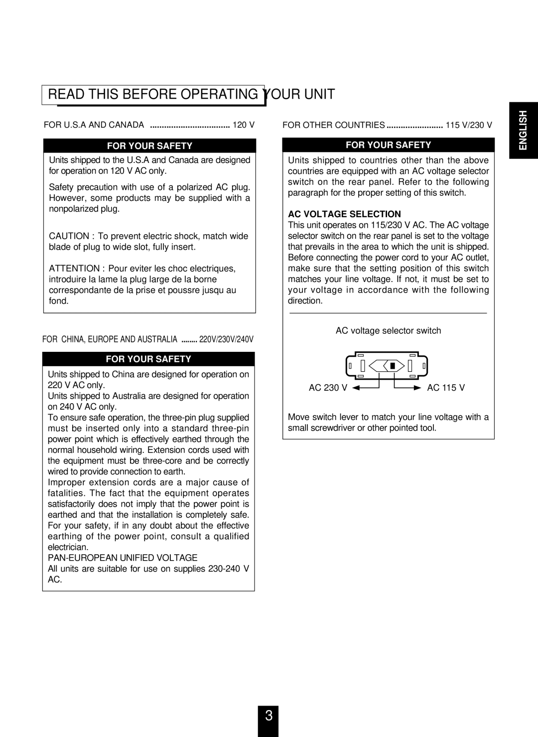 Sherwood AX-4103 operating instructions Read this Before Operating Your Unit, AC Voltage Selection 