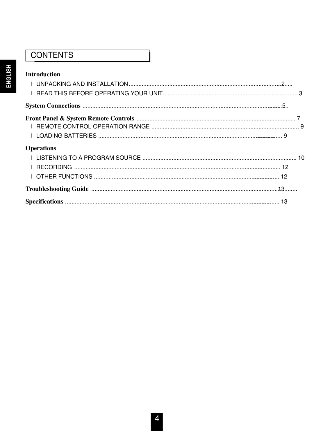 Sherwood AX-4103 operating instructions Contents 