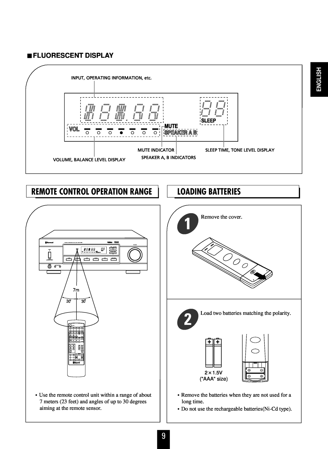 Sherwood AX-4103 operating instructions Loading Batteries, Fluorescent Display, Remote Control Operation Range, English 