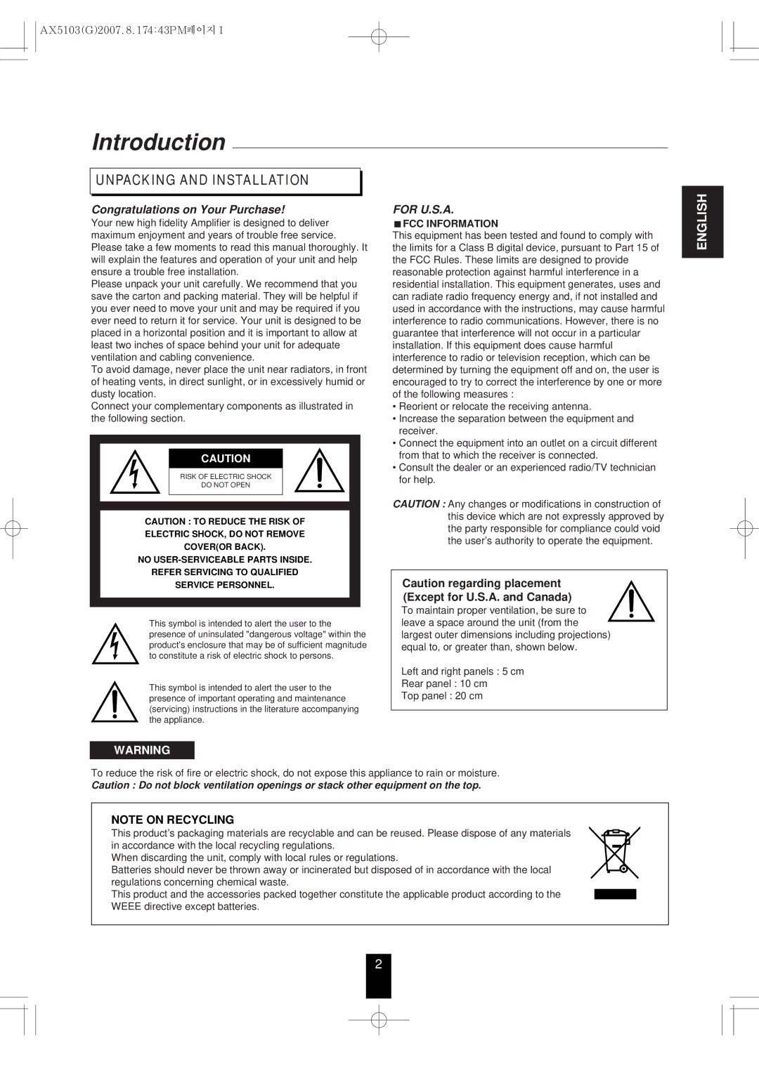 Sherwood AX-5103 dimensions Introduction, Unpacking and Installation, FCC Information 