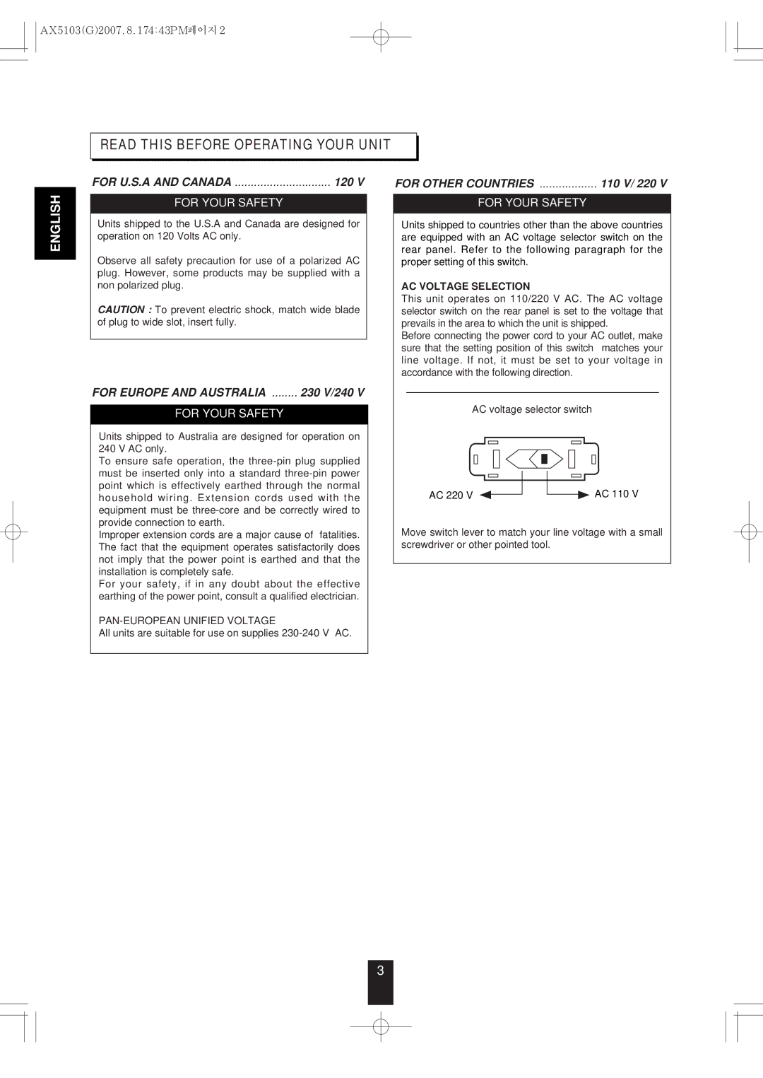 Sherwood AX-5103 dimensions Read this Before Operating Your Unit, AC Voltage Selection 