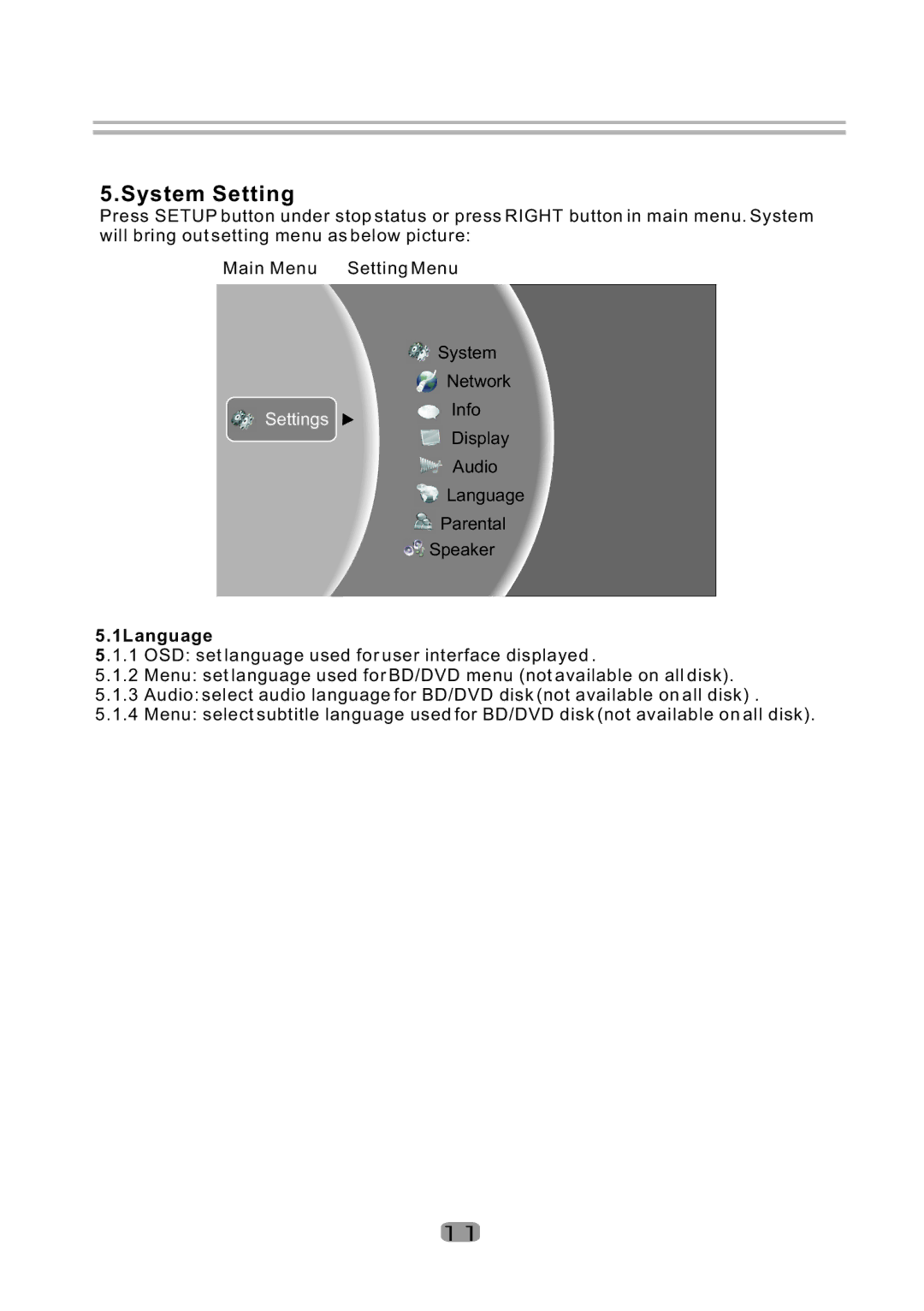 Sherwood BDP-5004 user manual System Setting, 1Language 