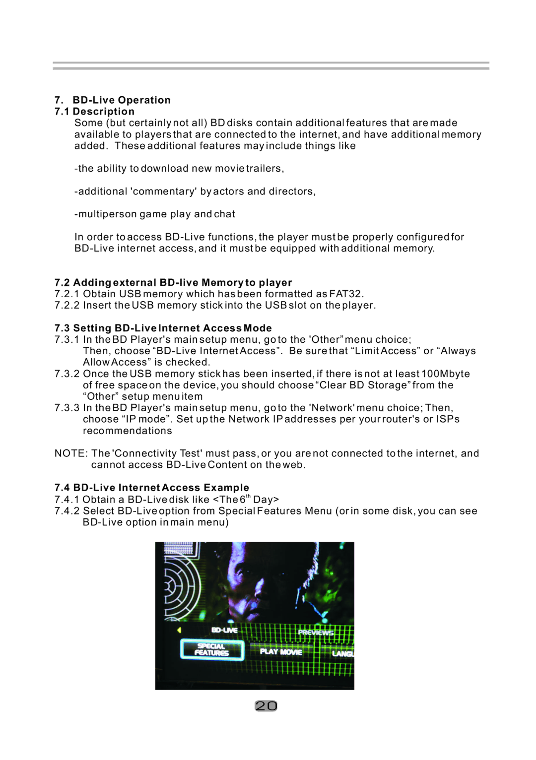Sherwood BDP-5004 BD-Live Operation Description, Adding external BD-live Memory to player, BD-Live Internet Access Example 
