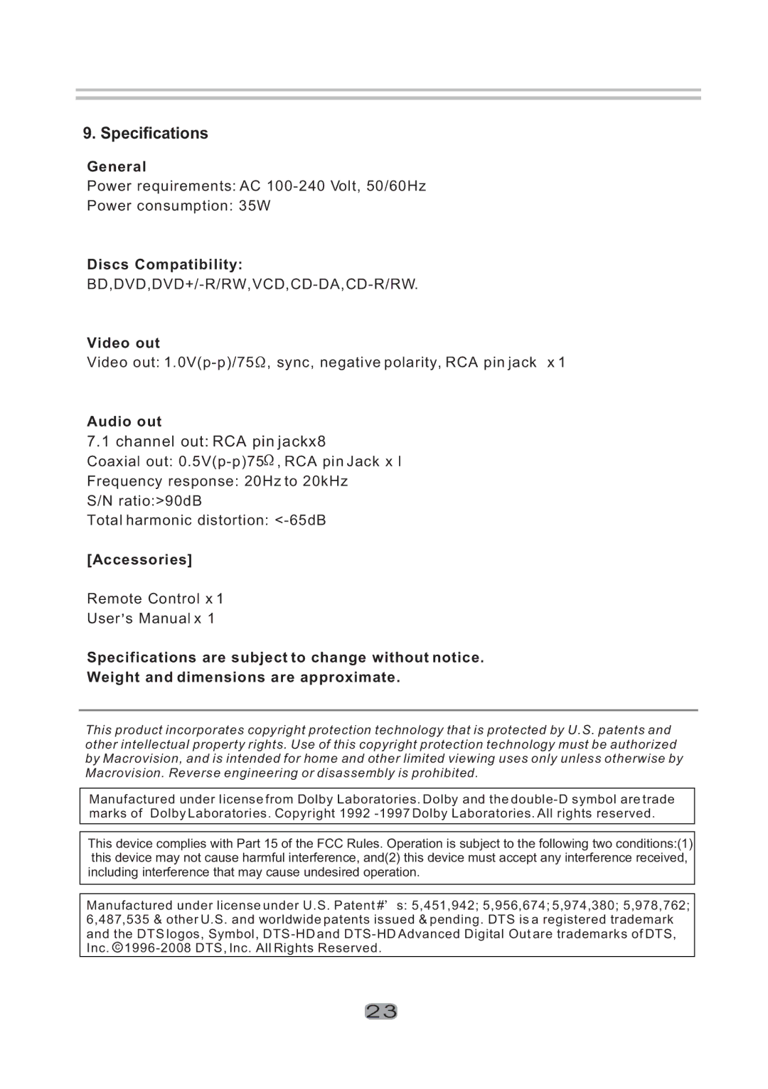 Sherwood BDP-5004 user manual General, Discs Compatibility, Video out, Audio out, Accessories 