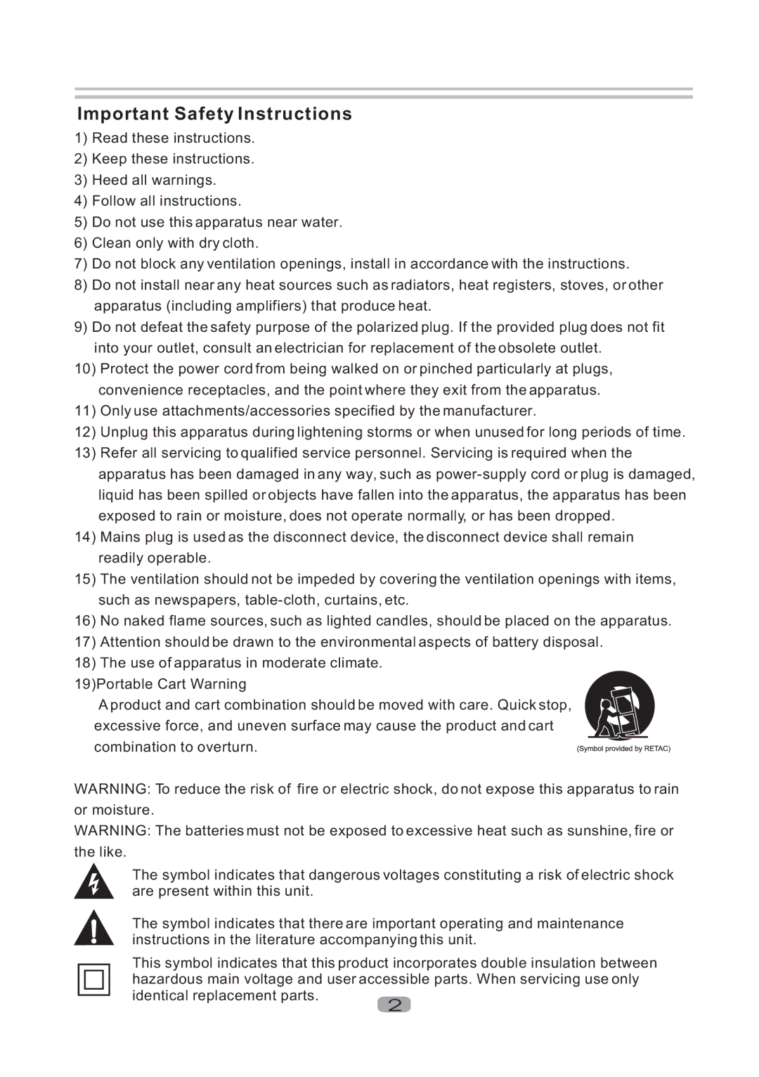 Sherwood BDP-5004 user manual Important Safety Instructions 