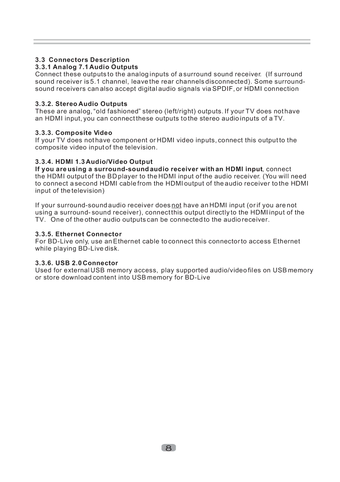 Sherwood BDP-5004 user manual Connectors Description Analog 7.1 Audio Outputs, Stereo Audio Outputs, Composite Video 