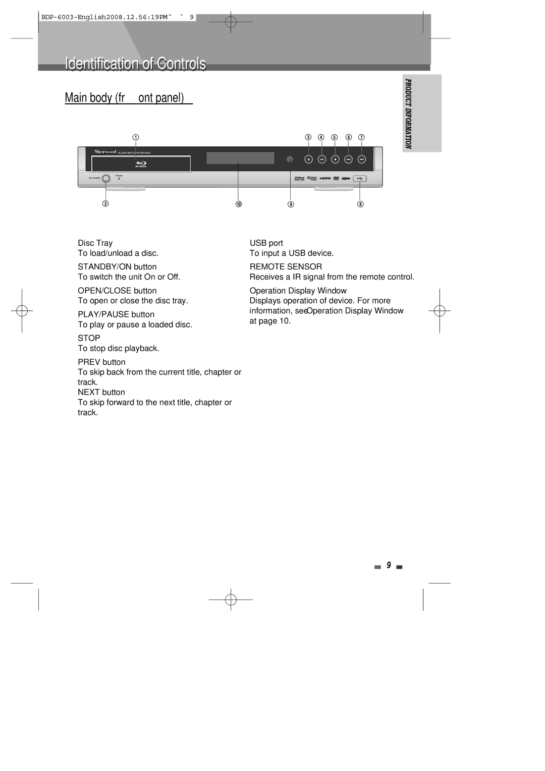 Sherwood BDP-6003 instruction manual Identification of Controls, Main body front panel 