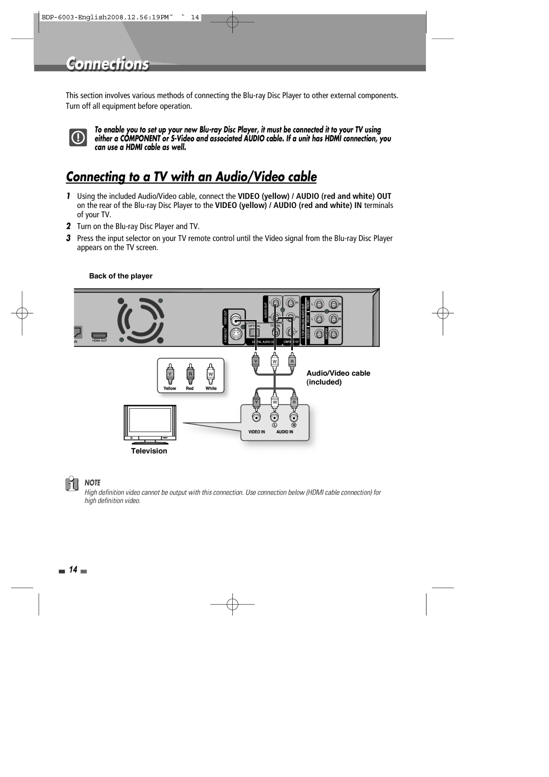 Sherwood BDP-6003 instruction manual Connections, Connecting to a TV with an Audio/Video cable 