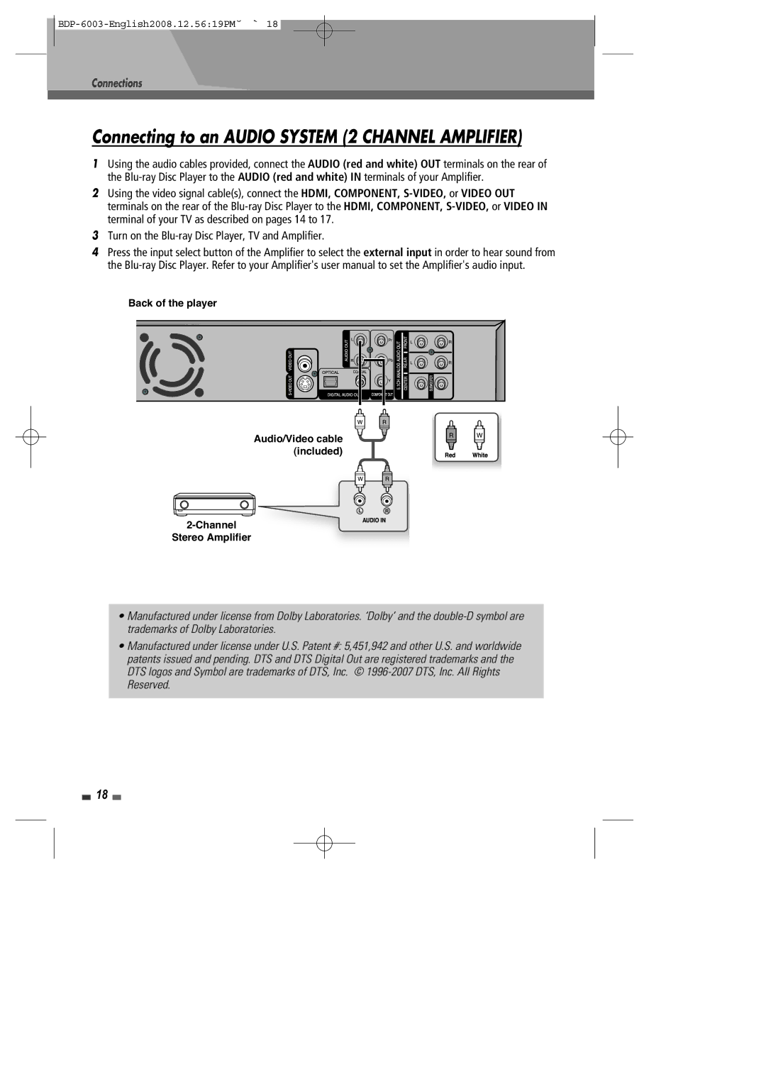 Sherwood BDP-6003 instruction manual Connecting to an Audio System 2 Channel Amplifier 