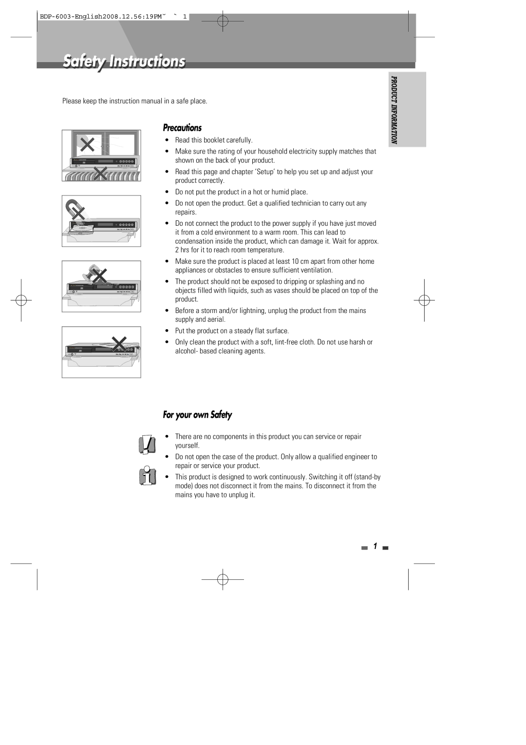 Sherwood BDP-6003 instruction manual Safety Instructions, Precautions, For your own Safety 