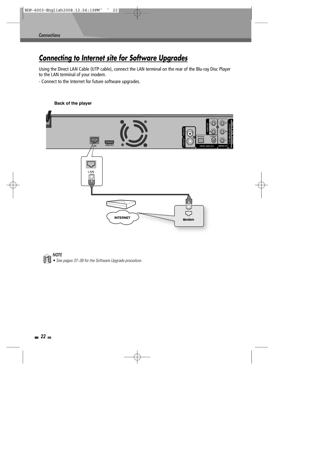 Sherwood BDP-6003 instruction manual Connecting to Internet site for Software Upgrades 