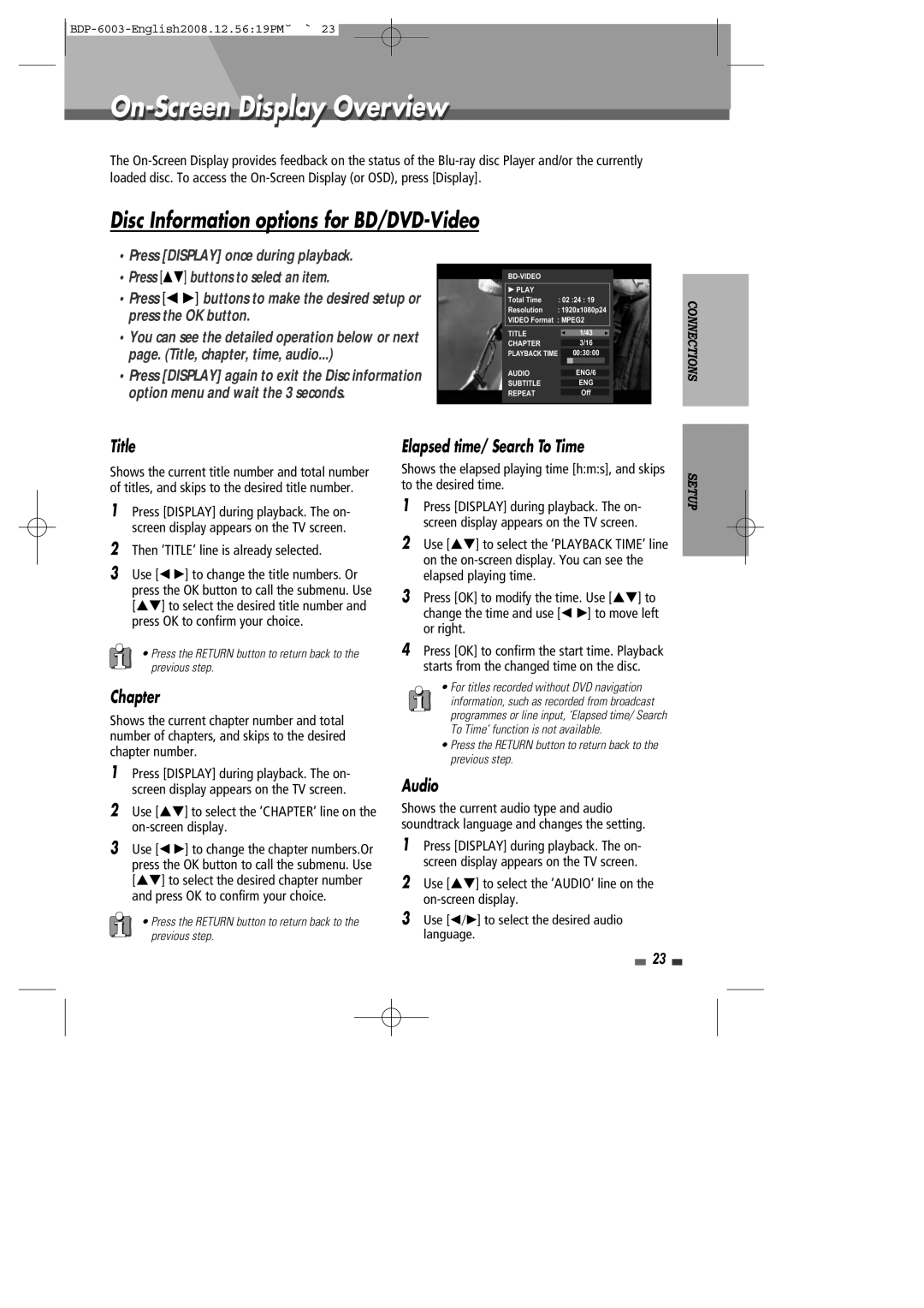 Sherwood BDP-6003 instruction manual On-Screen Display Overview, Disc Information options for BD/DVD-Video 