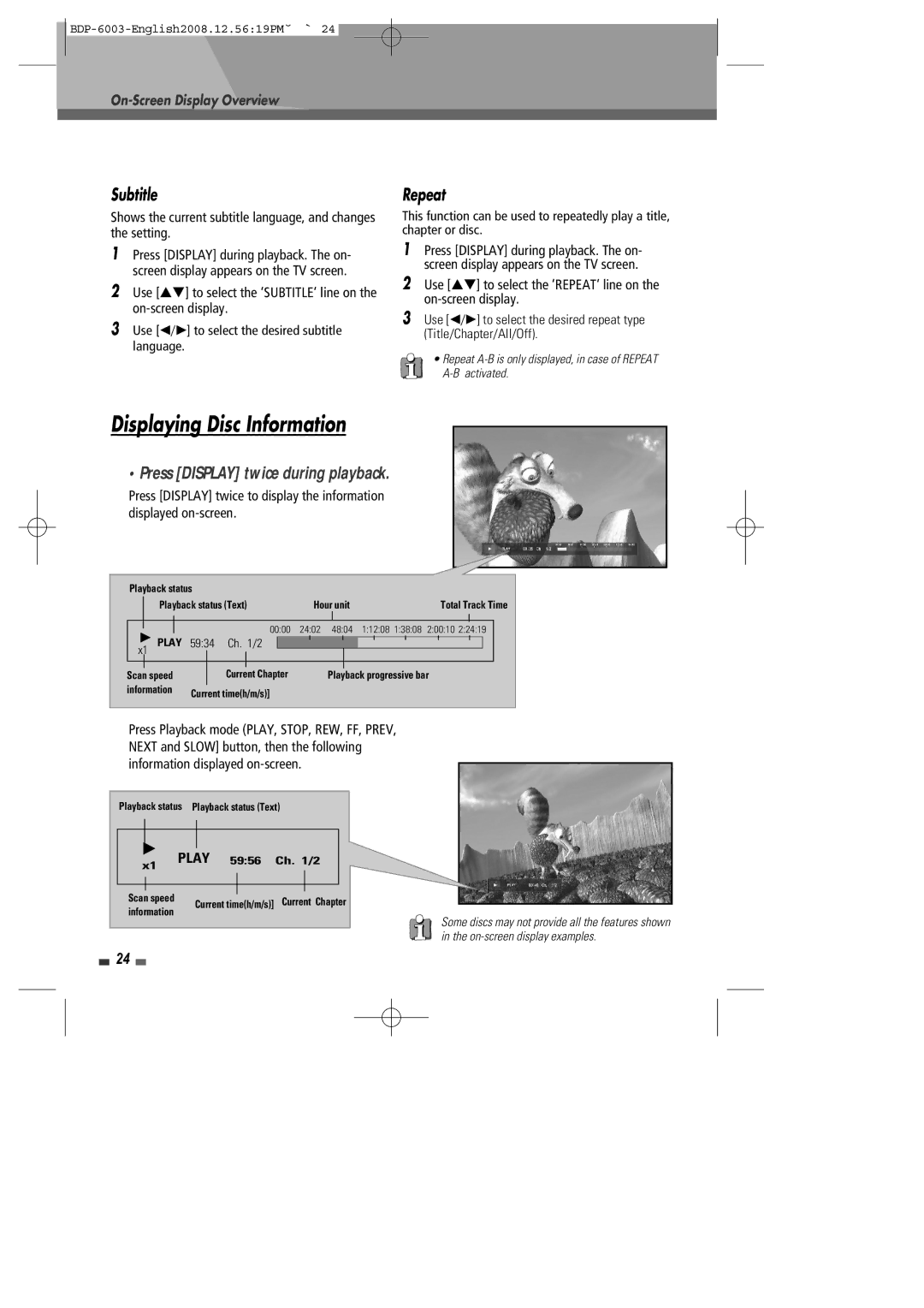 Sherwood BDP-6003 instruction manual Displaying Disc Information, Subtitle, Repeat, On-Screen Display Overview 