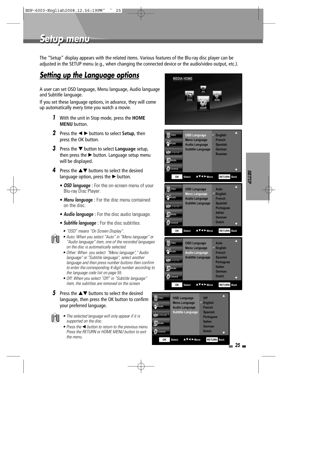 Sherwood BDP-6003 instruction manual Setup menu, Setting up the Language options, Subtitle language For the disc subtitles 