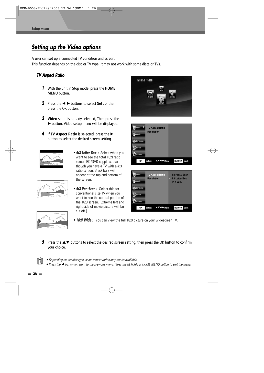 Sherwood BDP-6003 instruction manual Setting up the Video options, TV Aspect Ratio, Letter Box Select when you 