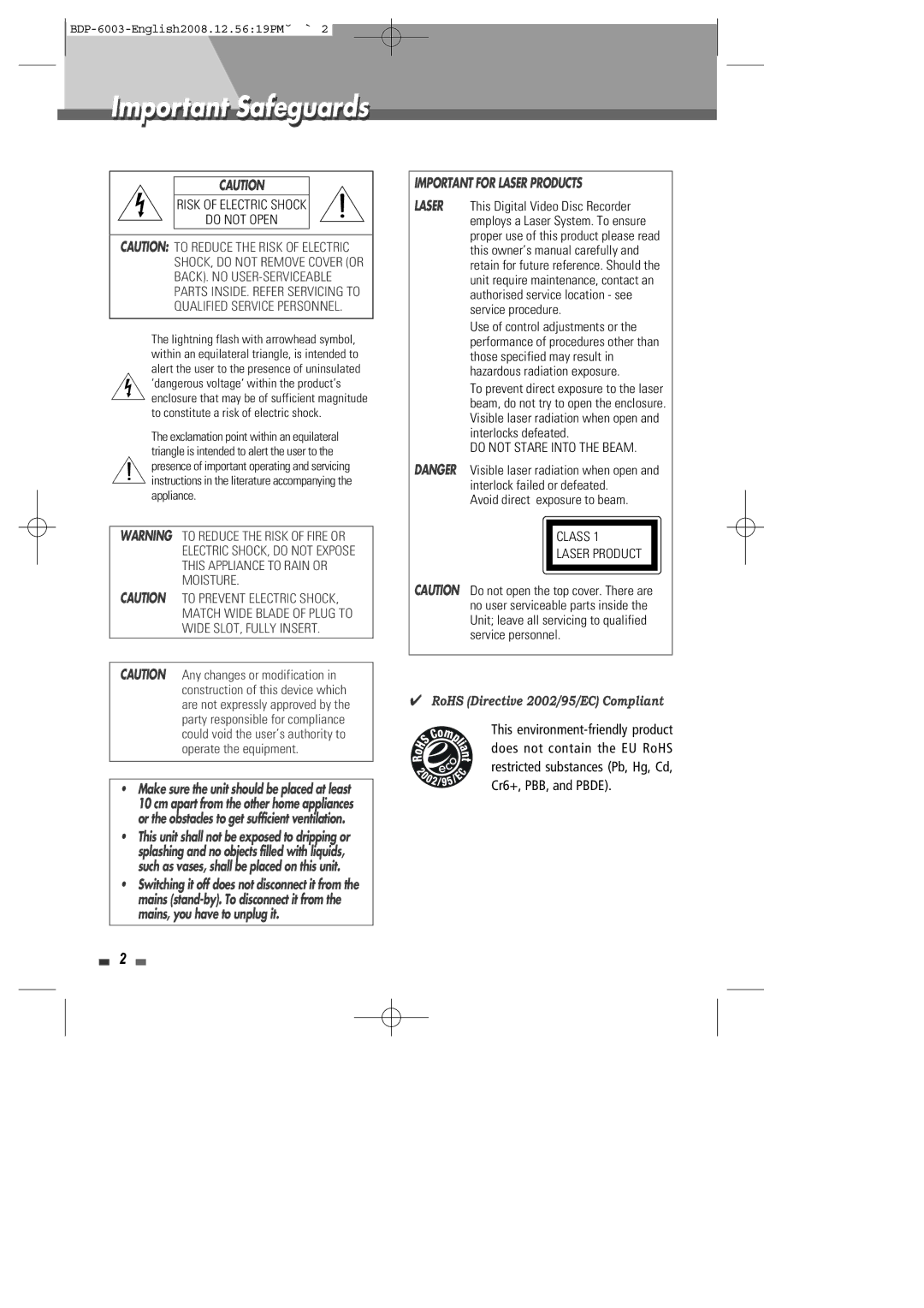 Sherwood BDP-6003 instruction manual Important Safeguards, Risk of Electric Shock Do not Open 